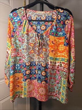 Sunny Leigh Multicolor Patchwork Floral Tunic - Blue, Orange, Pink